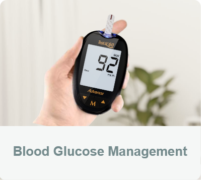 Blood Glucose Management - A hand holding the FORA Test N'GO Advance with a test strip inserted, displaying the blood glucose value.