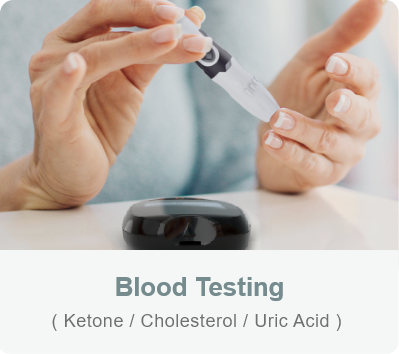 Blood Testing - A person is using a lancing device to draw blood, preparing for Blood Testing: Ketone, Cholesterol, Uric Acid.