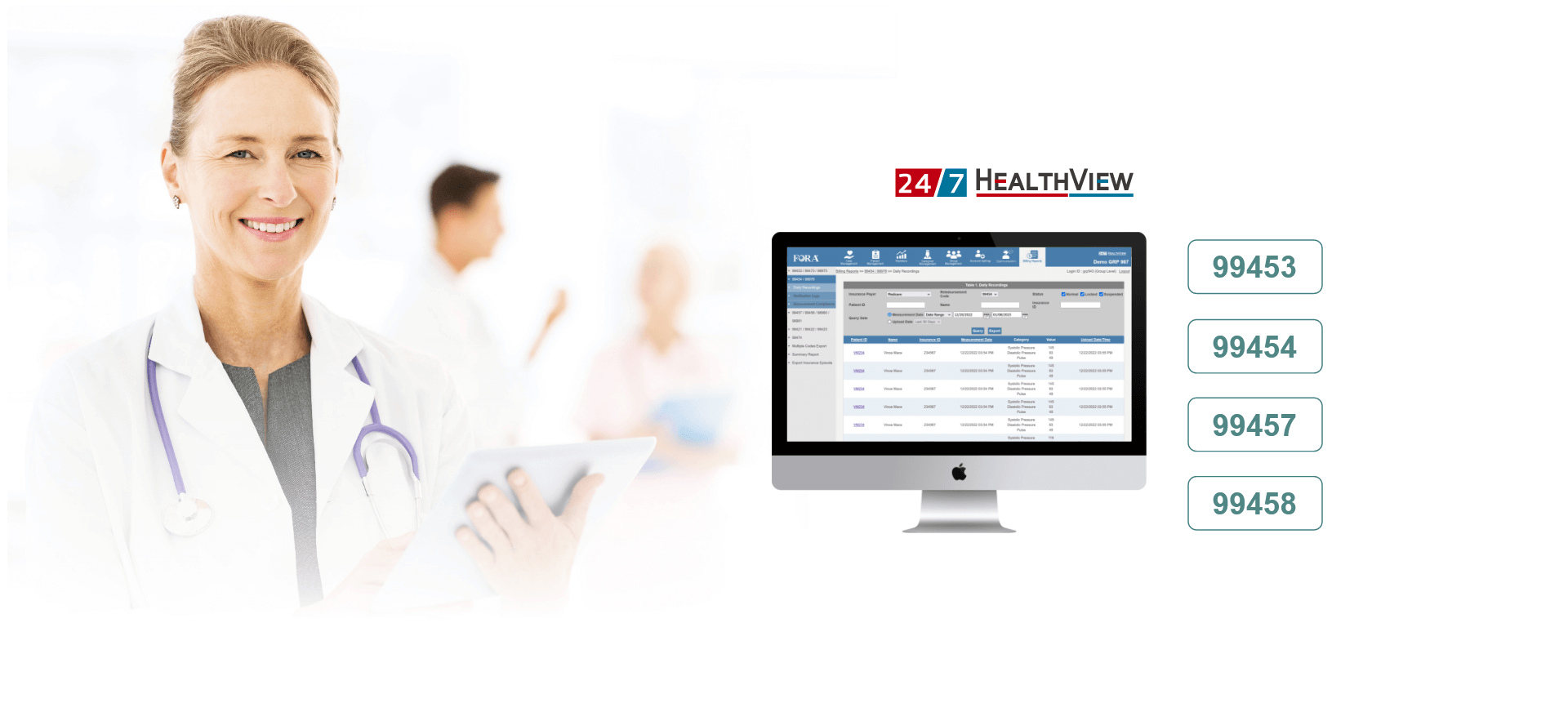 A physician with tablet; HealthView screen, RPM codes 99453, 99454, 99457, 99458 