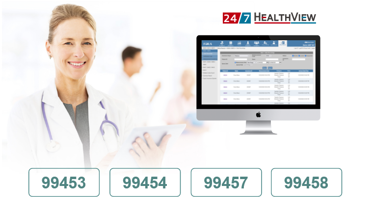 A physician with tablet; HealthView screen, RPM codes 99453, 99454, 99457, 99458 