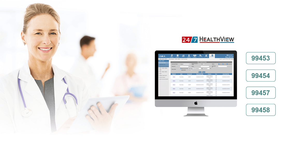 A physician with tablet; HealthView screen, RPM codes 99453, 99454, 99457, 99458 