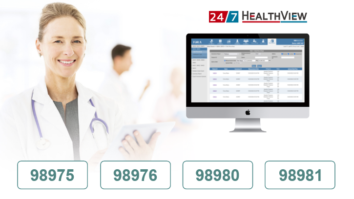 A physician with tablet; HealthView screen, RTM codes 98975, 98976, 98980, 98981