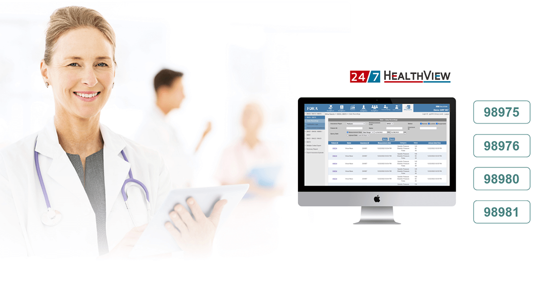 A physician with tablet; HealthView screen, RTM codes 98975, 98976, 98980, 98981