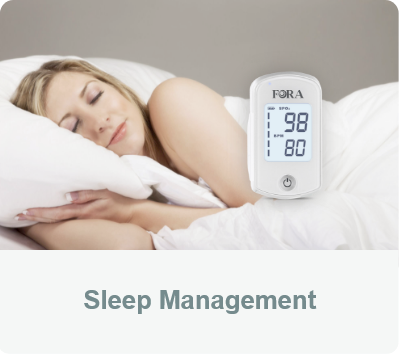 Sleep Management - A woman sleeping with a FORA O2 Bluetooth Fingertip Pulse Oximeter.