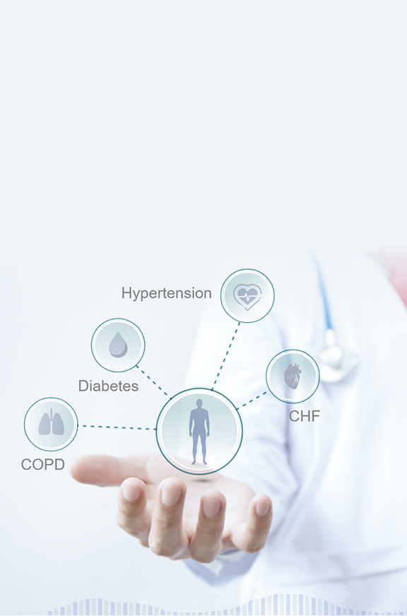 Doctor holding virtual image showing human figure with COPD, diabetes, hypertension, CHF