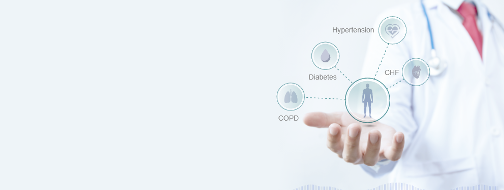 Doctor holding virtual image showing human figure with COPD, diabetes, hypertension, CHF